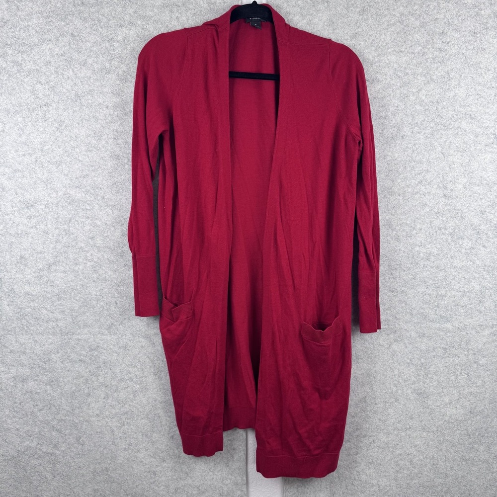 Halogen Cardigan Sweater Womens Medium Red Open Front Knit Pockets Longline